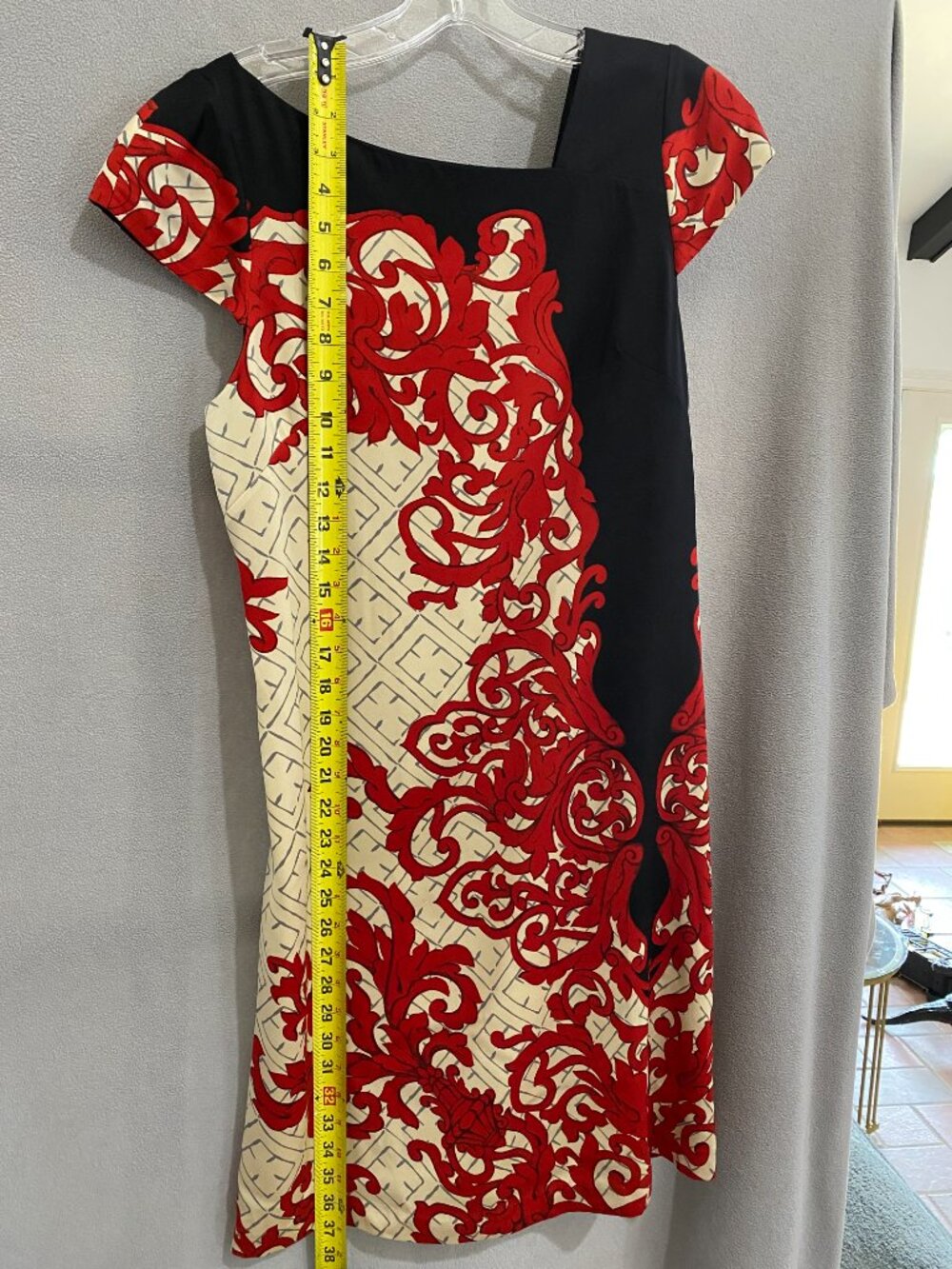 Yoana Baraschi Silk Blend Red Black Baroque Print Dress Cap Sleeve Sheath Size 4 - Picture 3 of 8